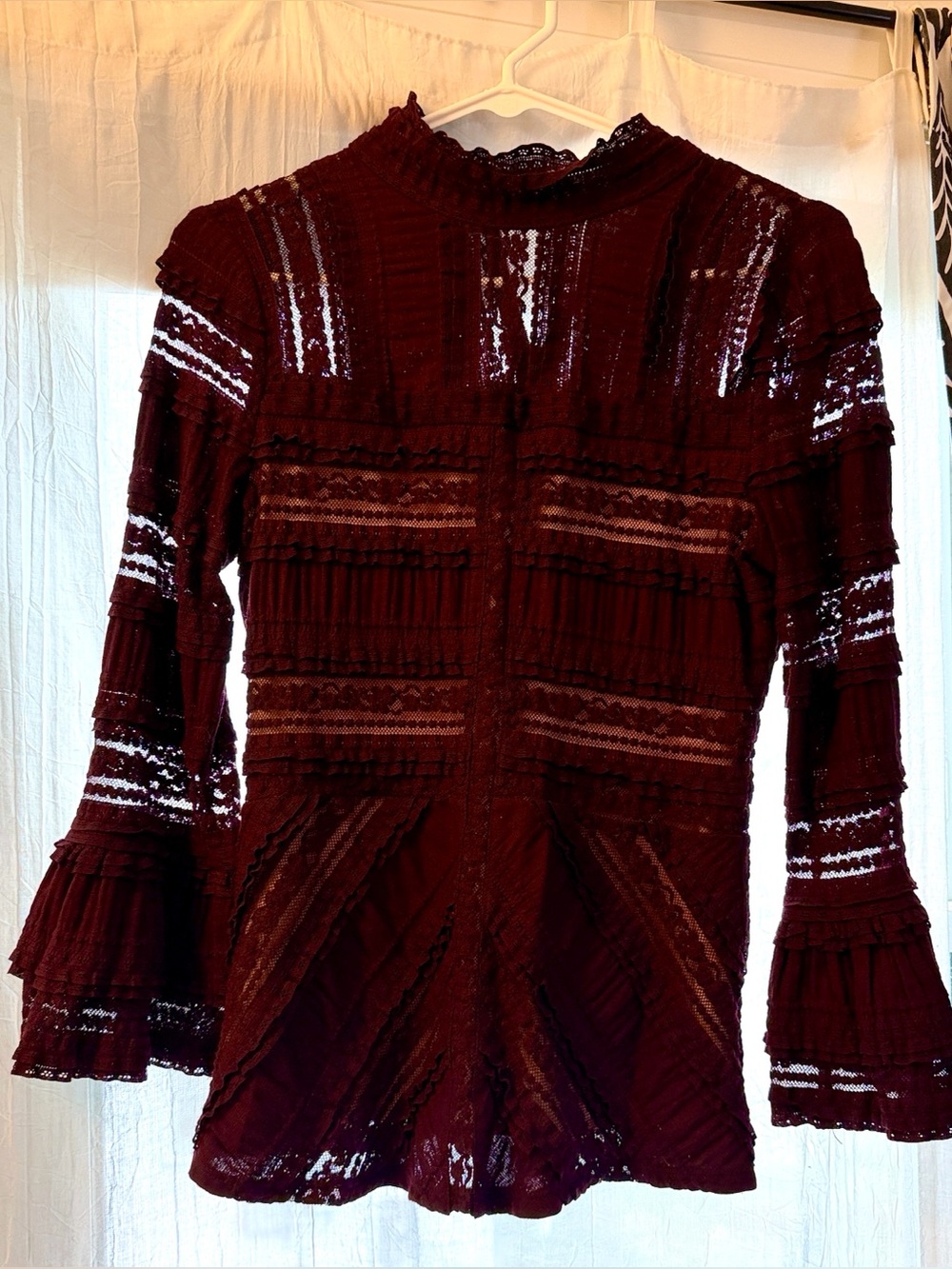 cinq a sept Burgundy Lace Peplum Blouse